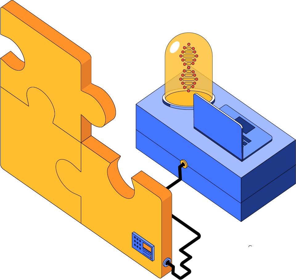 An illustration of a computer connected by a cable to a jigsaw